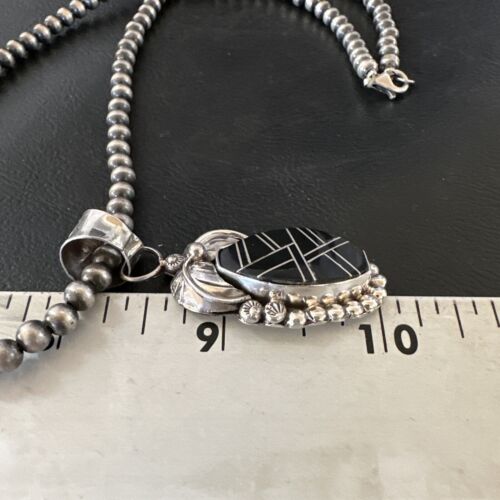Navajo Pearls Black Onyx Inlay Necklace Pendant | Sterling Silver | Authentic Native American Handmade | 16535