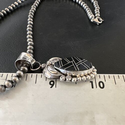 Navajo Pearls Black Onyx Inlay Necklace Pendant | Sterling Silver | Authentic Native American Handmade | 16535