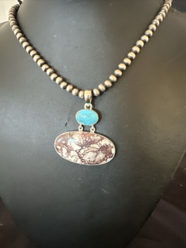 Navajo Wild Horse | Blue Kingman Turquoise Necklace | Sterling Silver | Authentic Native American Handmade | 17307
