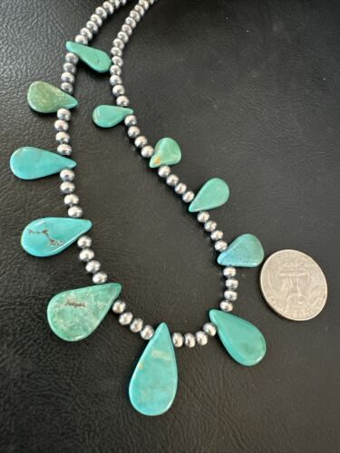 Southwestern Navajo Pearls Necklace | Sterling Silver | Green Turquoise Teardrop | 15762