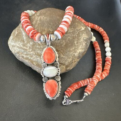 Navajo Red Spiny Oyster Mother of Pearl Pendant Necklace | Sterling Silver | Native American Handmade | 17658