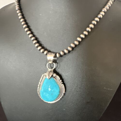 Men's Blue Kingman Turquoise Pendant Necklace | Navajo Pearls | Sterling Silver | Native American Handmade | 16020