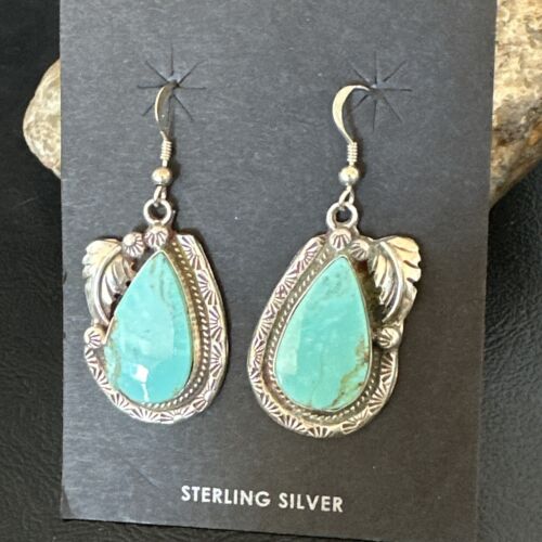 Navajo Blue Kingman Turquoise Dangle Earrings | Sterling Silver | Authentic Native American Handmade | 17373