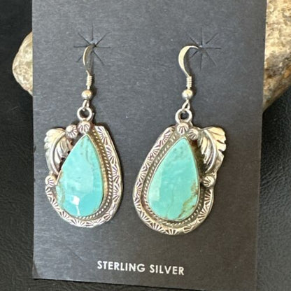 Navajo Blue Kingman Turquoise Dangle Earrings | Sterling Silver | Authentic Native American Handmade | 17373