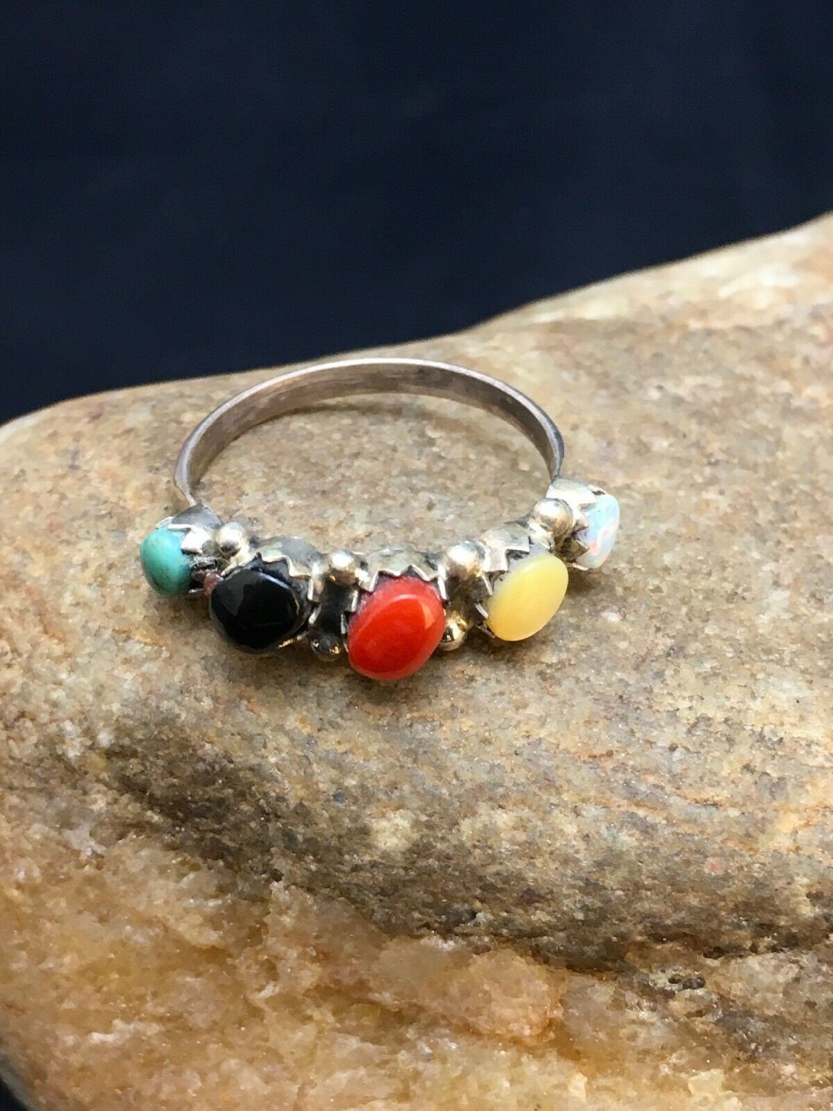 Zuni Blue Opal Coral Turquoise Ring | Authentic Native American Sterling Silver | Multi-Stone | Sz 6.5 | 8999