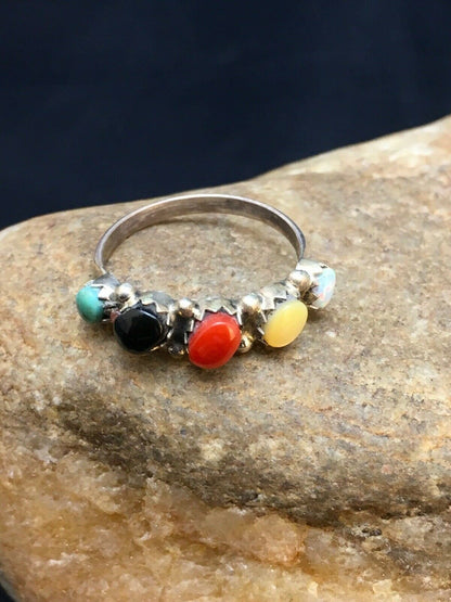 Zuni Blue Opal Coral Turquoise Ring | Authentic Native American Sterling Silver | Multi-Stone | Sz 6.5 | 8999
