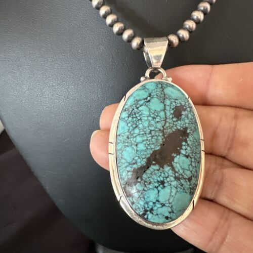 Men's Navajo Blue Spiderweb Turquoise Pendant Necklace | Sterling Silver | Native American Handmade | 16192