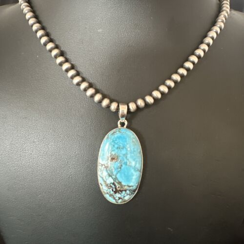 Navajo Blue Spiderweb Turquoise Pendant Necklace | Sterling Silver | Authentic Native American Handmade | 17023