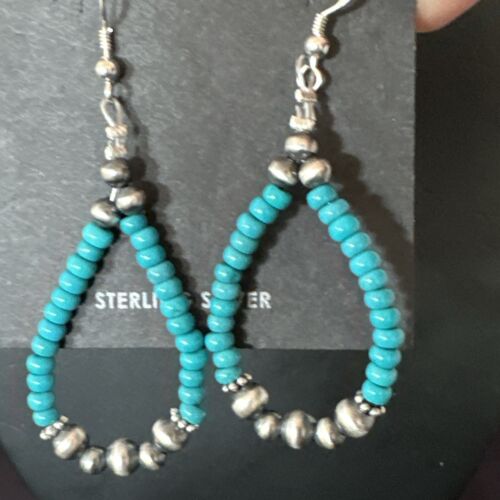 Navajo Teal Blue Turquoise 4mm Bead Earrings | Sterling Silver Pearls | 2" | Authentic Native American Handmade | 16823