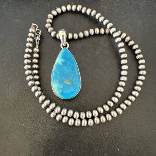 Navajo Blue Kingman Turquoise Pendant Necklace | Sterling Silver | 20" | Authentic Native American Handmade | 17000