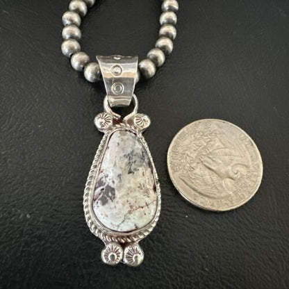 Men's White Buffalo Turquoise Pendant Necklace | Navajo Pearls | Sterling Silver | Native American Handmade | 17332