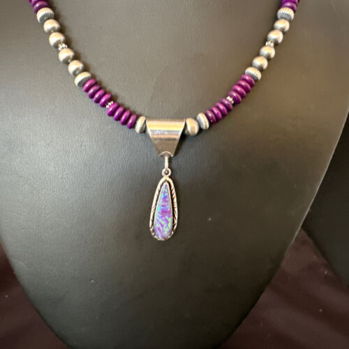 Navajo Faux Opal Pendant | Purple Sugilite Beads | Sterling Silver Necklace 16748