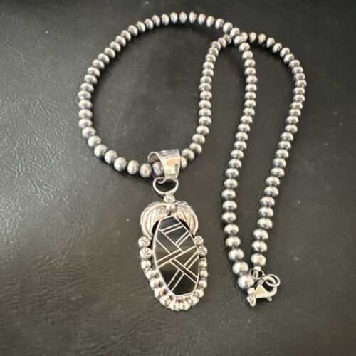 Navajo Pearls Black Onyx Inlay Necklace Pendant | Sterling Silver | Authentic Native American Handmade | 16535