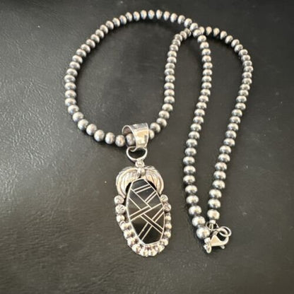 Navajo Pearls Black Onyx Inlay Necklace Pendant | Sterling Silver | Authentic Native American Handmade | 16535