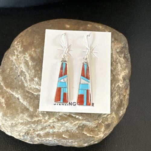 Navajo Blue Turquoise Red Coral Inlay Earrings | Sterling Silver | 1" | Authentic Native American Handmade | 15701