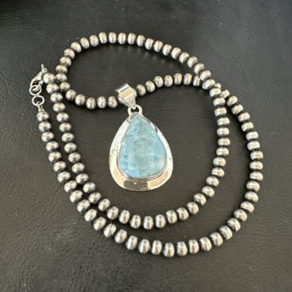 Navajo Blue Larimar Pendant Necklace | Sterling Silver Beads | Authentic Native American Handmade | 17562