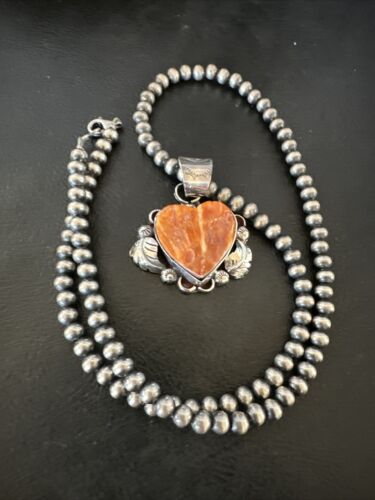 Navajo Orange Spiny Oyster Heart Pendant Necklace | Sterling Silver | Authentic Native American Handmade | 16425