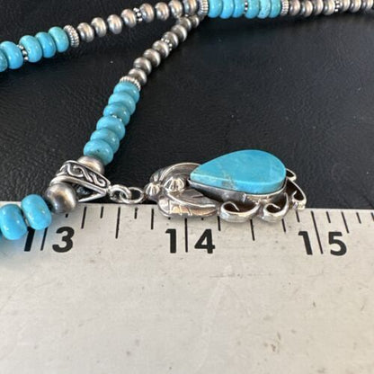 Navajo Blue Turquoise Pendant with Pearls | Sterling Silver Necklace | Authentic Native American Handmade | 15419