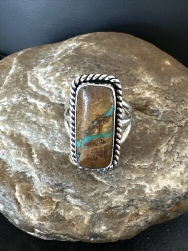 Navajo Ribbon Boulder Green Turquoise Ring | Sterling Silver | Sz 8 | Authentic Native American Handmade | 16384