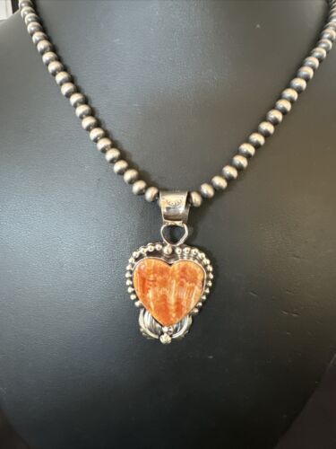 Navajo Orange Spiny Oyster Heart Pendant Necklace | Sterling Silver | Authentic Native American Handmade | 16421