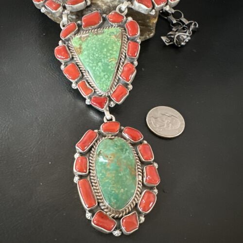 Navajo Green Turquoise and Coral Lariat Necklace Pendant | 23" | Authentic Native American Handmade | 16191