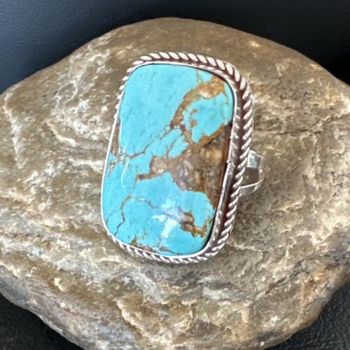 Men's Blue Turquoise #8 Navajo Ring | Sterling Silver | Sz 10.5 | Authentic Native American Handmade | 16636