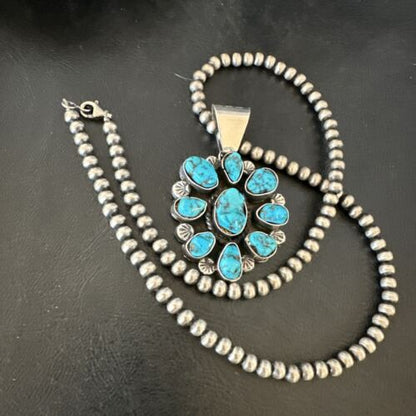 Navajo Blue Kingman Turquoise Cluster Pendant | Sterling Silver | 2" | Authentic Native American Handmade | 17418