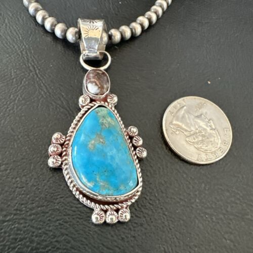 Navajo Blue Kingman Turquoise Wild Horse Pendant Necklace | Sterling Silver | Authentic Native American Handmade | 17223