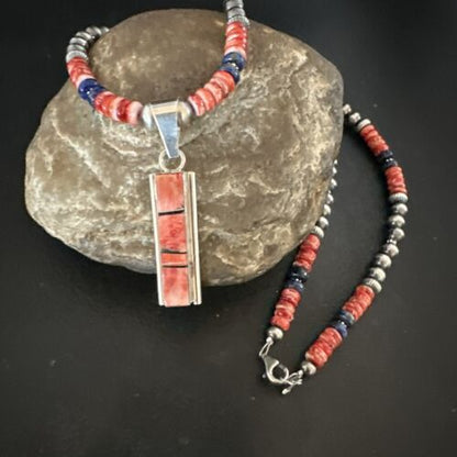 Navajo Pearls Sterling Silver Necklace | Lapis & Red Spiny Oyster Pendant | 17051