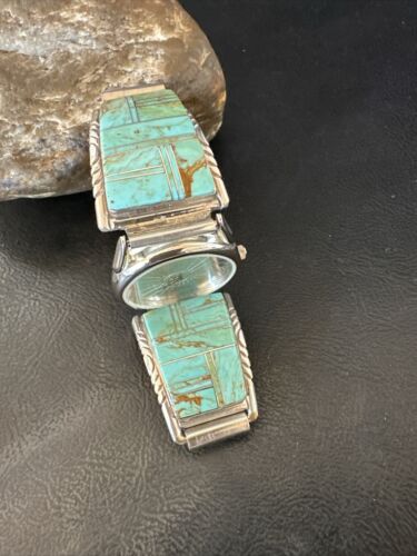Navajo Men's Blue Turquoise Inlay Watch Tips Band | Sterling Silver | Multi-Stone | 17588