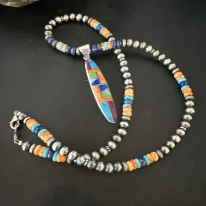 Navajo Spiny Oyster Turquoise Lapis Inlay Pendant Necklace | Sterling Silver | 21" | Authentic Native American Handmade | 16766
