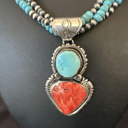 Navajo Pearls Blue Turquoise Spiny Pendant Necklace | Sterling Silver | 3-Strand | 16827