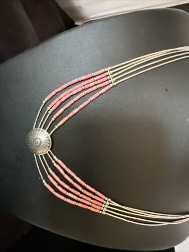 Navajo Concha Pink Conch Heishi 5-Strand Liquid Sterling Silver Necklace 20" | Southwestern Jewelry 15873