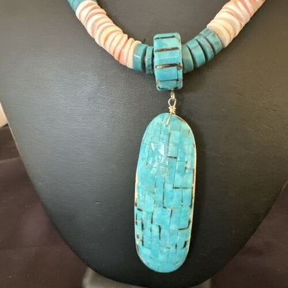 Santo Domingo Turquoise Spiny Oyster Inlay Pendant Necklace | Sterling Silver | 22" | 17437