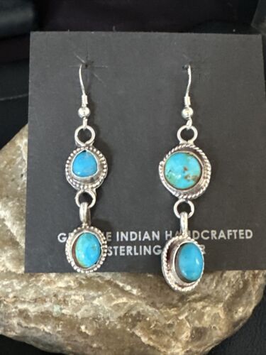 Kingman Turquoise Dangle Earrings | Navajo Sterling Silver | Authentic Native American Handmade | 14871
