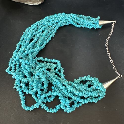 Blue Turquoise Nugget Bead Necklace | 10 Strand | Navajo Sterling Silver | 22" | 15030