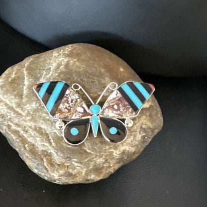 Zuni Butterfly Wild Horse Turquoise Onyx Inlay Pin Pendant | Sterling Silver | Authentic Native American Handmade | 15153