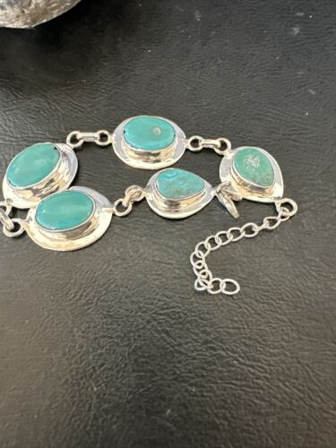 Navajo Blue Turquoise Link Bracelet | Sterling Silver | 9" | Authentic Native American Handmade | 17638