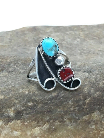 Native American Sterling Silver Blue Turquoise Coral Ring Set 6.5 in 2780