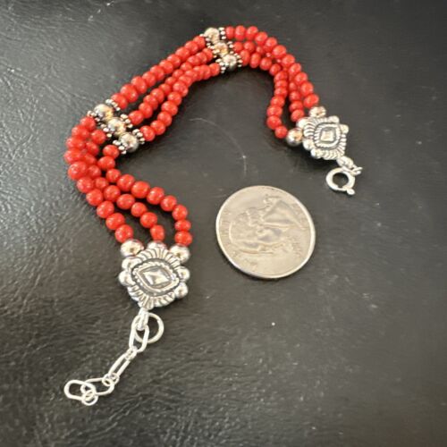 Women's Red Coral 3-Strand Bead Sterling Silver Bracelet 7.5" | Navajo Jewelry | 16468