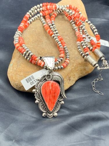 Navajo Spiny Oyster Feather Pendant | 3-Strand Sterling Silver Necklace with Pearls | Native American Handmade | 04130