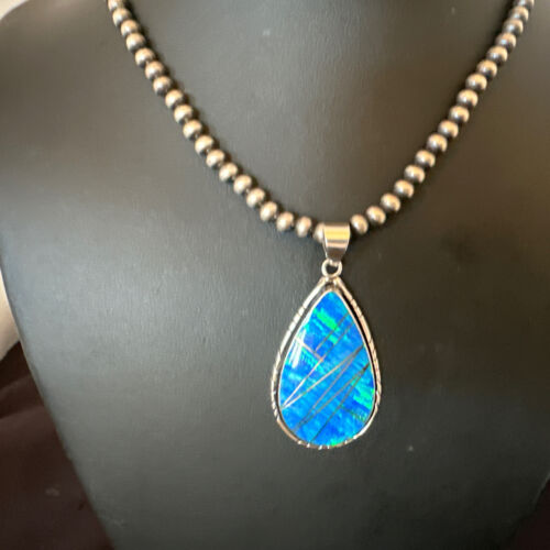 Men's and Women's Blue Fire Opal Inlay Pendant | Navajo Sterling Silver | Authentic Native American Handmade | 16481