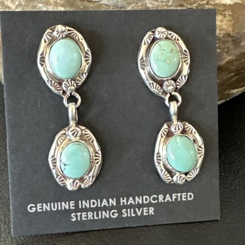 Dry Creek Turquoise Navajo Post Dangle Earrings | Sterling Silver | 1.5" | Authentic Native American Handmade | 17383