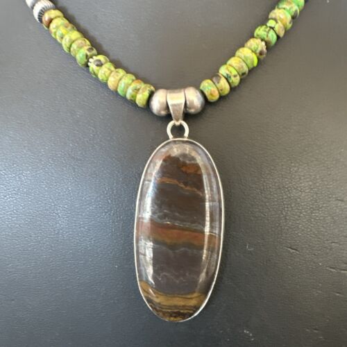 Navajo Green Turquoise Jasper Pendant | Sterling Silver Necklace | Authentic Native American Handmade | 17053