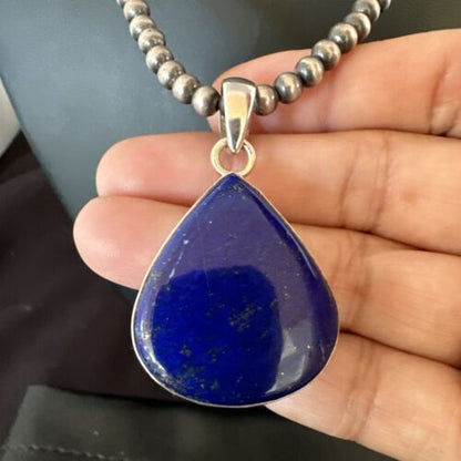 Navajo Blue Lapis Pendant with Pearls | Sterling Silver Necklace | 20" | Authentic Native American Handmade | 16670