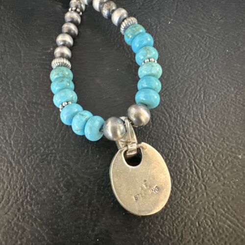 Navajo Blue Turquoise Inlay Pendant | Sterling Silver Necklace | Authentic Native American Handmade | 15423
