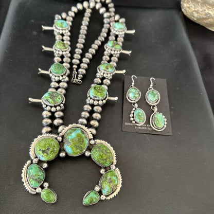 Green Sonoran Gold Turquoise Sterling Silver Squash Blossom Necklace Pendant | Navajo | 17207