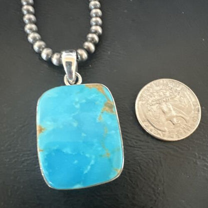 Navajo Blue Kingman Turquoise Pendant Necklace | Sterling Silver Pearls | 20" | 16699