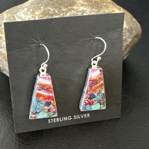 Navajo Blue Turquoise Red Spiny Oyster Inlay Dangle Earrings | Sterling Silver | Authentic Native American Handmade | 15577