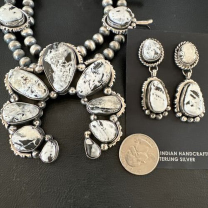 Navajo White Buffalo Turquoise Pendant | Sterling Silver Naja Squash Blossom Necklace | 17442